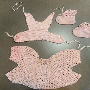 Vintage Handmade Pink Knitted Baby Cardigan, Booties and Hat